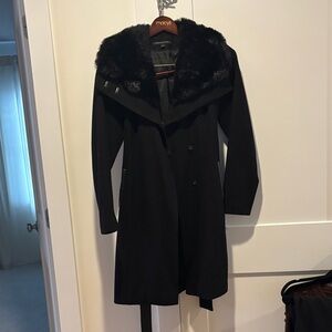 Preston & York Black Trench Coat with Fur Collar